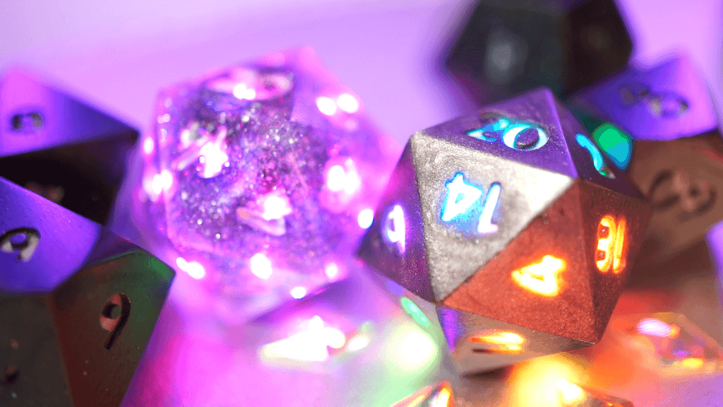 A closeup of multiple d20 dice with numbers glowing through the faces.